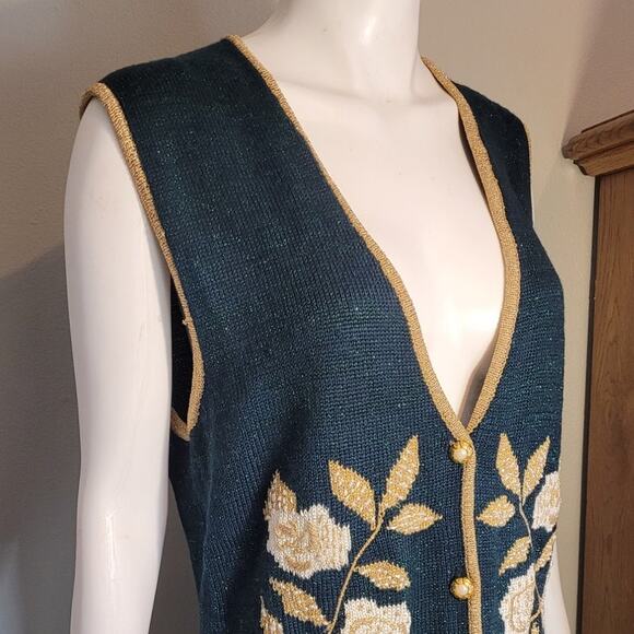 Vintage 90s Jaclyn Smith Glitter Sweater Vest Medium Green Gold Metallic Floral - Picture 5 of 11